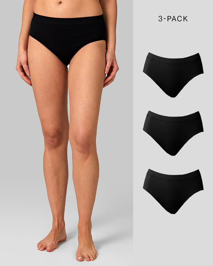 32 Degrees Black_Women’s 3PK Seamless Stretch Comfort Brief {model: Kendhal is 5’10” and size 6, wearing size S}{bottom}{right}