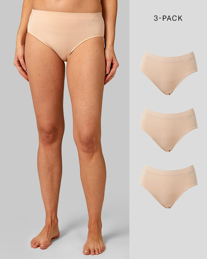 32 Degrees Tan _Women’s 3PK Seamless Stretch Comfort Brief {model: Kendhal is 5’10” and size 6, wearing size S}{bottom}{right}