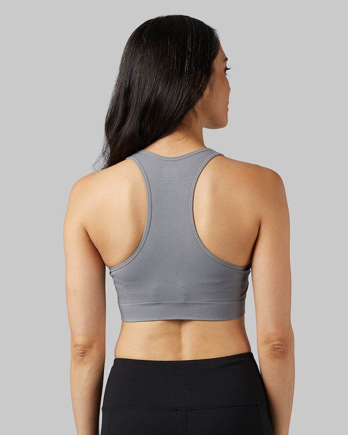 32 Degrees Steel Grey _ Women's Seamless Racerback Sports Bra {model:Mariana is 5'8" and size 4, wearing size S}{bottom}{right}