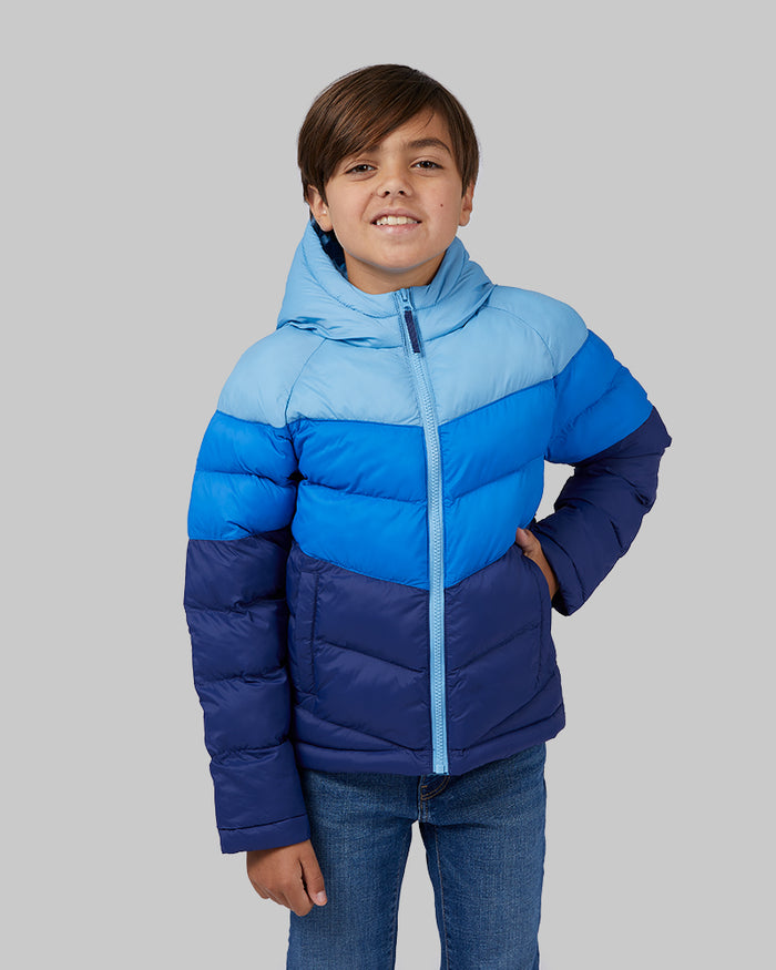 32 Degrees Heritage Blue _ Kids Hooded Puffer Jacket {model: Miles is 53", wearing size S}{bottom}{right} {bottom}{right}