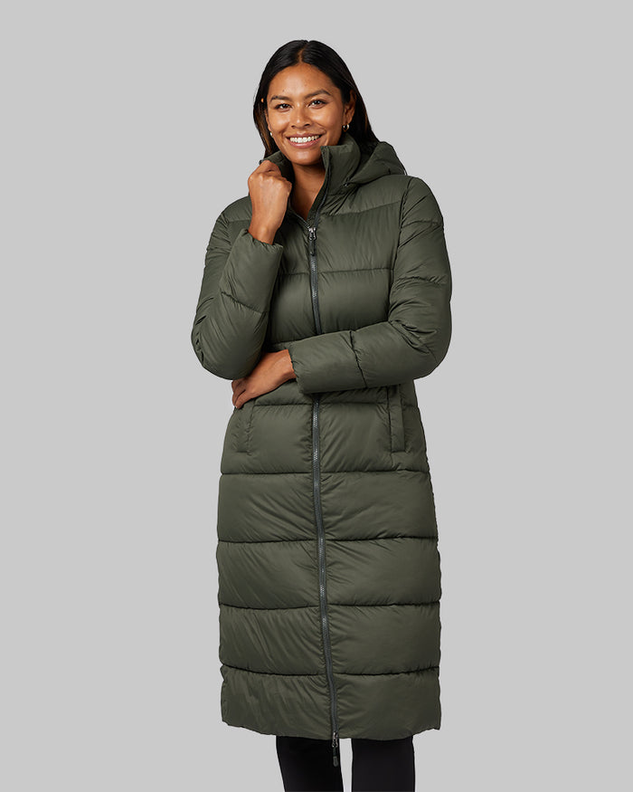 32 Degrees Climbing Ivy _ Women's Shield Tech Maxi Poly-Fill Coat {model: Victoria is 5'10", wearing size S}{bottom}{right} {bottom}{right}