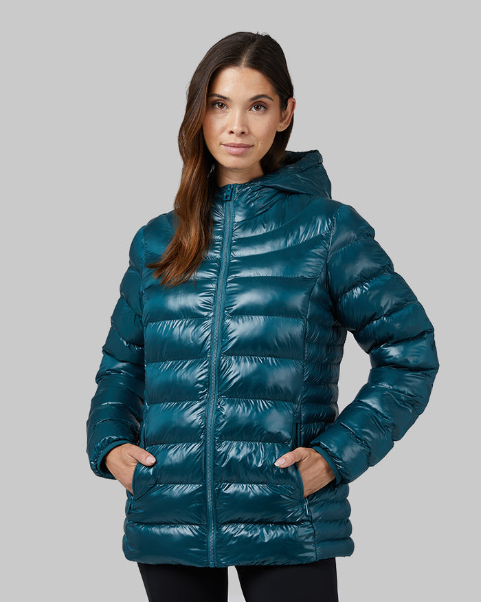 32 Degrees Atlantic Deep _ Women's Shiny Poly-Fill Hooded Jacket {model: Giza is 5'8"and size 4, wearing size S}{bottom}{right} {bottom}{right}