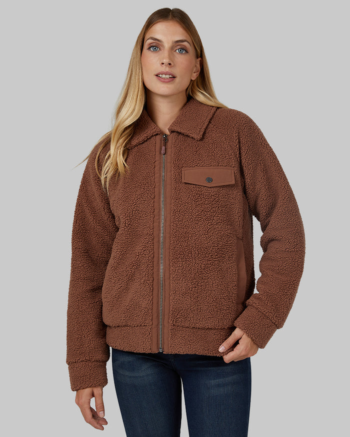 32 Degrees Acorn _ Women's Teddy Sherpa Jacket {model: Colby is 5'9", wearing size S}{bottom}{right} {bottom}{right}