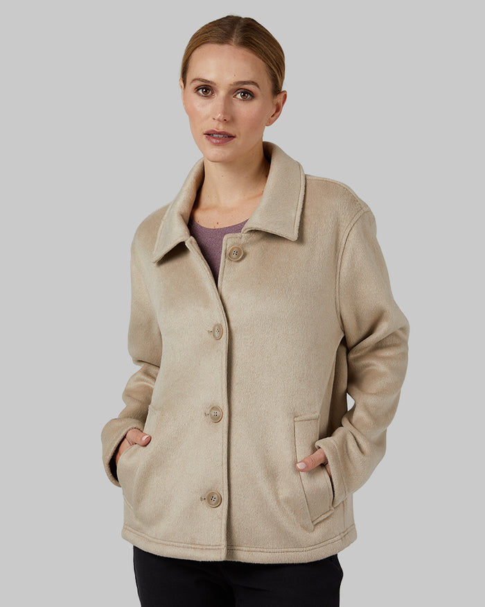 32 Degrees Oxford Tan _ Women's Brushed Faux Wool Jacket {model: Mallory is 5'9"and size 4, wearing size S}{bottom}{right} {bottom}{right}