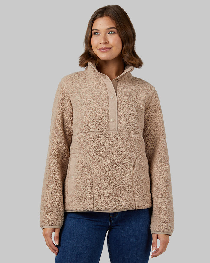 32 Degrees Mocha Meringue _ Women's Cozy Sherpa Snap Mock Top {model: Taylor is 5'9"and size 4, wearing size S}{bottom}{right} {bottom}{right}
