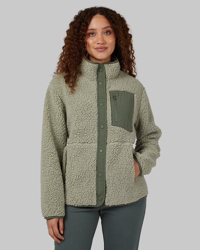 32 Degrees Seagrass _ Women's Cozy Sherpa Snap Jacket {model: Renee is 5'9", wearing size S}{bottom}{right} {bottom}{right}