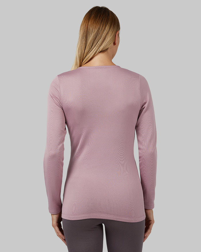 32 Degrees Mauve Shadow _ Women's Midweight Brushed Baselayer Scoop Top {model: Colby is 5'9", wearing size S}{bottom}{right} {bottom}{right}