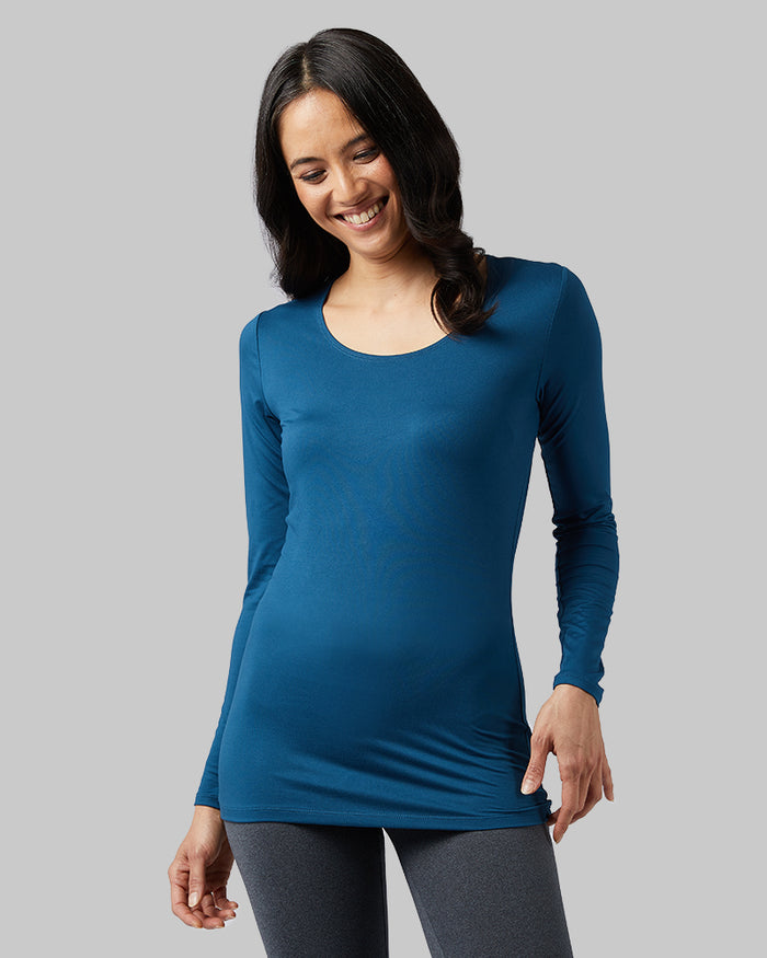 32 Degrees Majolica Blue _ Women's Lightweight Baselayer Scoop Top {model: Marina is 5'9", wearing size S}{bottom}{right} {bottom}{right}