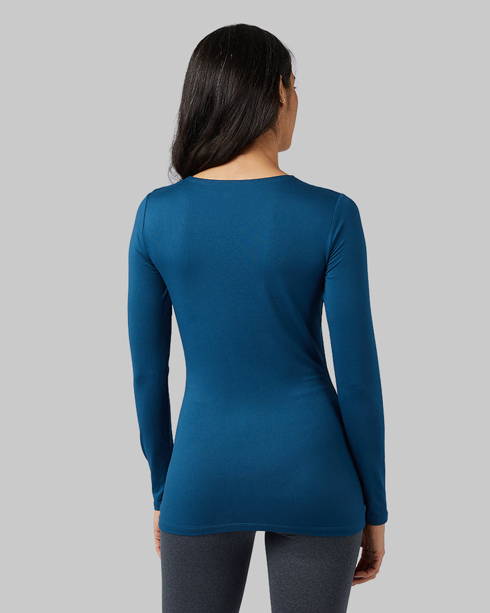 32 Degrees Majolica Blue _ Women's Lightweight Baselayer Scoop Top {model: Marina is 5'9", wearing size S}{bottom}{right} {bottom}{right}