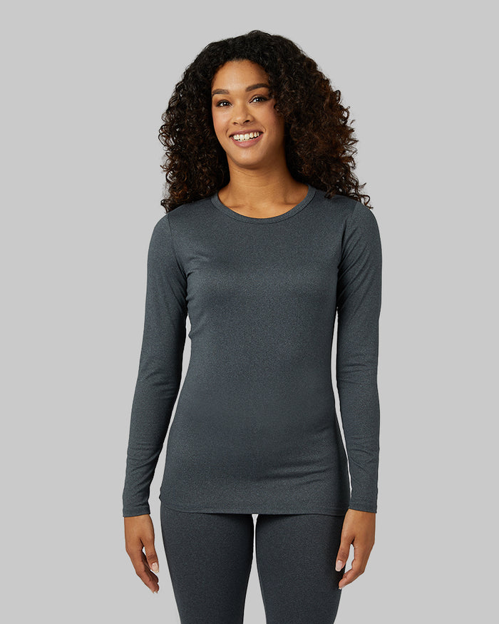 32 Degrees Charcoal Heather _ Women's Lightweight Baselayer Crew Top {model: Alexis is 5'6", wearing size S}{bottom}{right} {bottom}{right}