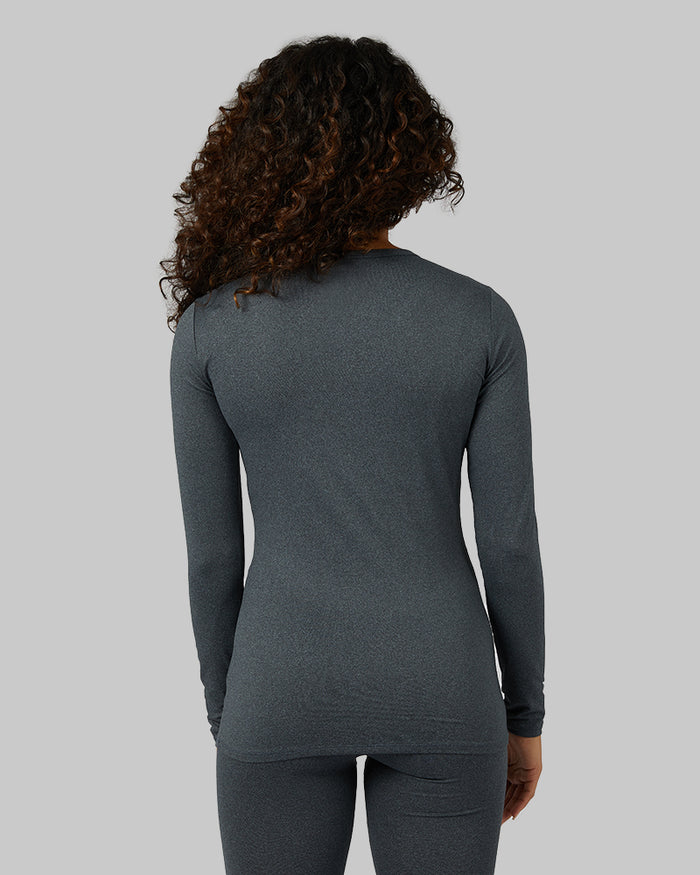 32 Degrees Charcoal Heather _ Women's Lightweight Baselayer Crew Top {model: Alexis is 5'6", wearing size S}{bottom}{right} {bottom}{right}