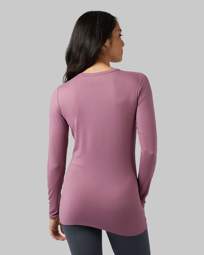 32 Degrees Fig Berry _ Women's Lightweight Baselayer Crew Top {model: Mariana is 5'8", wearing size S}{bottom}{right} {bottom}{right}