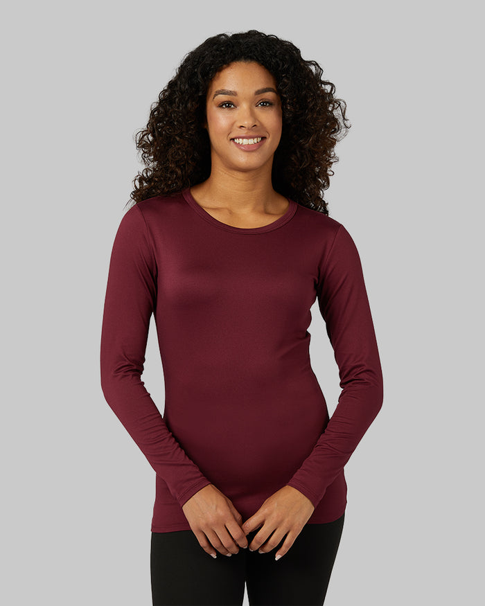 32 Degrees Maroonish _ Women's Lightweight Baselayer Crew Top {model: Alexis is 5'6", wearing size S}{bottom}{right} {bottom}{right}