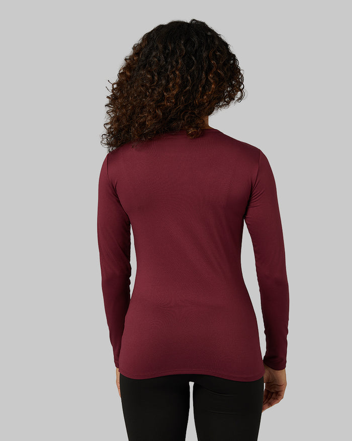 32 Degrees Maroonish _ Women's Lightweight Baselayer Crew Top {model: Alexis is 5'6", wearing size S}{bottom}{right} {bottom}{right}