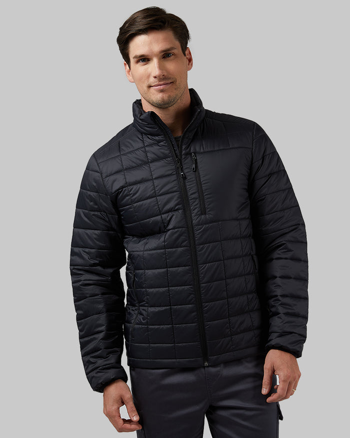 32 Degrees Black _ Men's Lightweight Quilted Jacket {model: Bobby is 6'1", wearing size M}{bottom}{right} {bottom}{right}