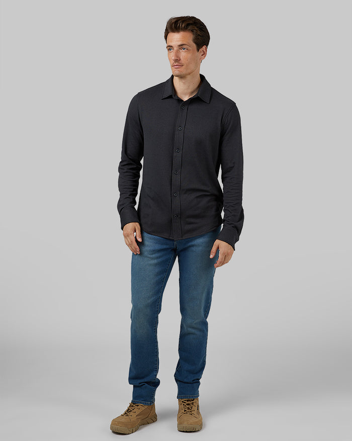 32 Degrees Charcoal Heather _ Men's Soft Stretch Knit Long Sleeve Button-Up {model: Leo is 6'1", wearing size M}{bottom}{right} {bottom}{right}