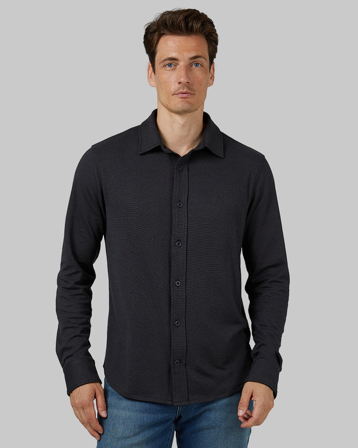 32 Degrees Charcoal Heather _ Men's Soft Stretch Knit Long Sleeve Button-Up {model: Leo is 6'1", wearing size M}{bottom}{right} {bottom}{right}