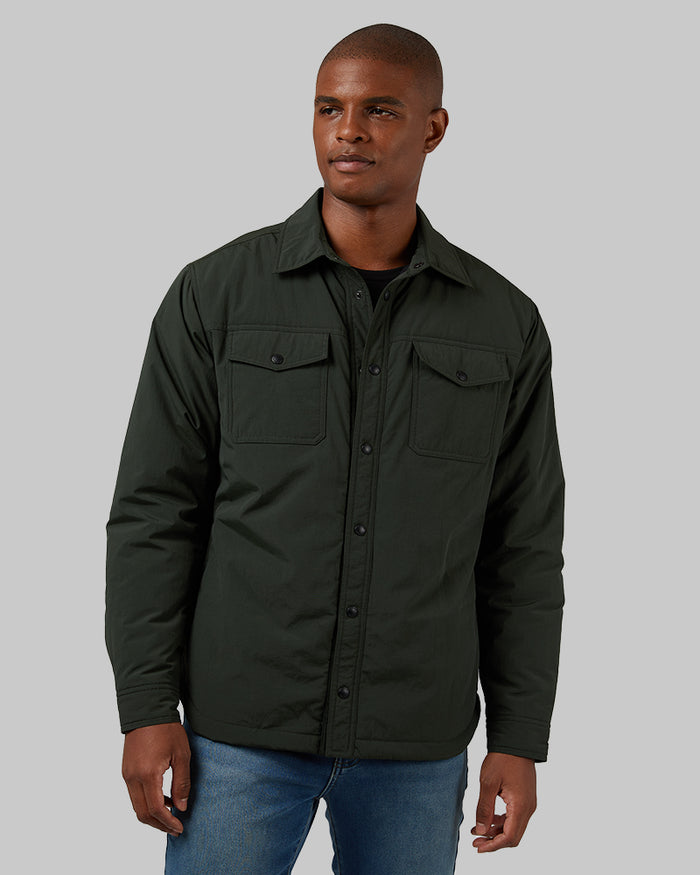 32 Degrees Deep Green _ Men's Commuter Tech Fleece-Lined Shirt Jacket {model: Isaiah is 6'2", wearing size M}{bottom}{right} {bottom}{right}