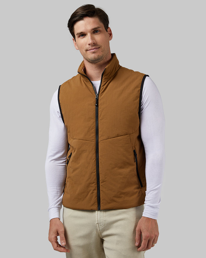 32 Degrees Teddy Brown _ Men's Commuter Tech Vest {model: Bobby is 6'1", wearing size M}{bottom}{right} {bottom}{right}