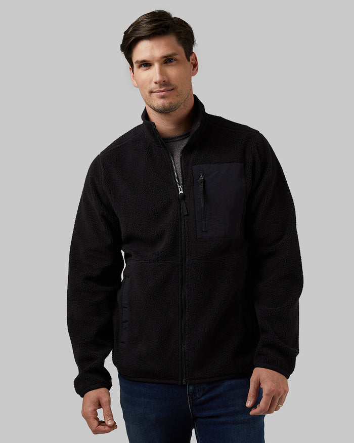 32 Degrees Black _ Men's Outdoor Sherpa Full Zip Jacket {model: Bobby is 6'1", wearing size M}{bottom}{right} {bottom}{right}