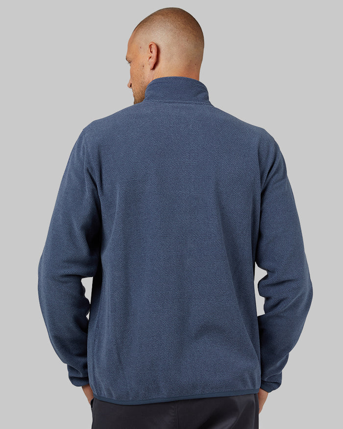 32 Degrees Nile Blue Heather _ Men's Comfort Fleece Full-Zip Jacket {model: Dennis is 6'1", wearing size M}{bottom}{right} {bottom}{right}