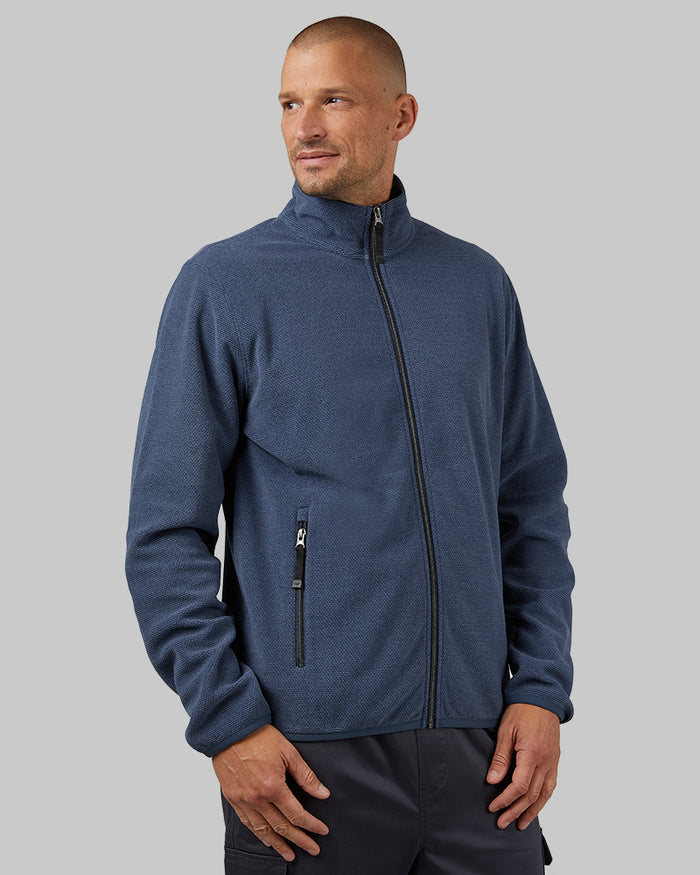 32 Degrees Nile Blue Heather _ Men's Comfort Fleece Full-Zip Jacket {model: Dennis is 6'1", wearing size M}{bottom}{right} {bottom}{right}