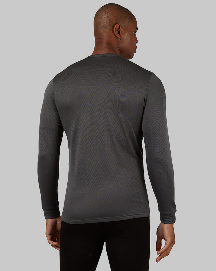 32 Degrees Dark Charcoal _ Men's Midweight Brushed Baselayer Crew Top {model: Isaiah is 6'2", wearing size M}{bottom}{right} {bottom}{right}