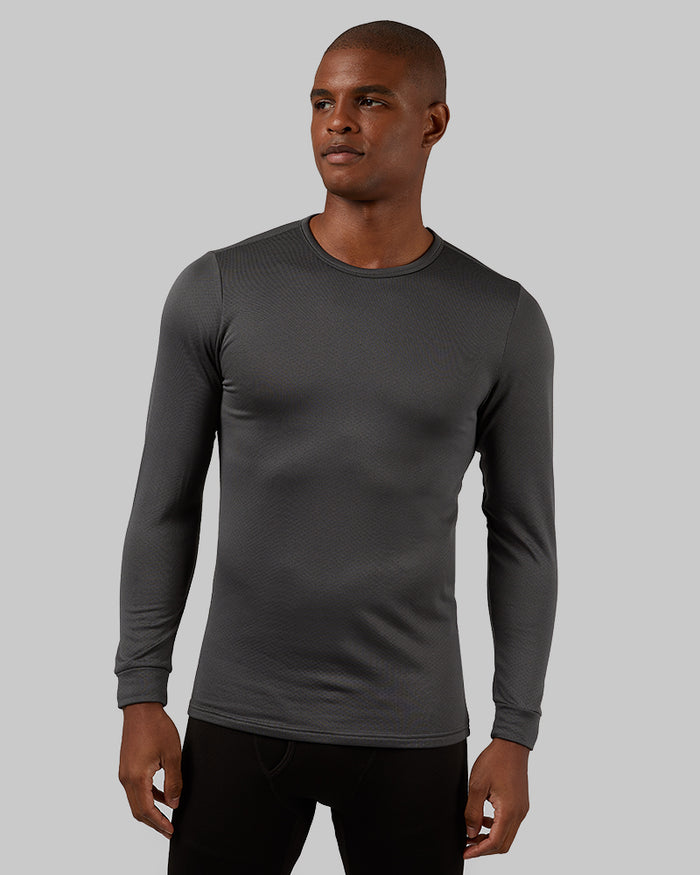 32 Degrees Dark Charcoal _ Men's Midweight Brushed Baselayer Crew Top {model: Isaiah is 6'2", wearing size M}{bottom}{right} {bottom}{right}