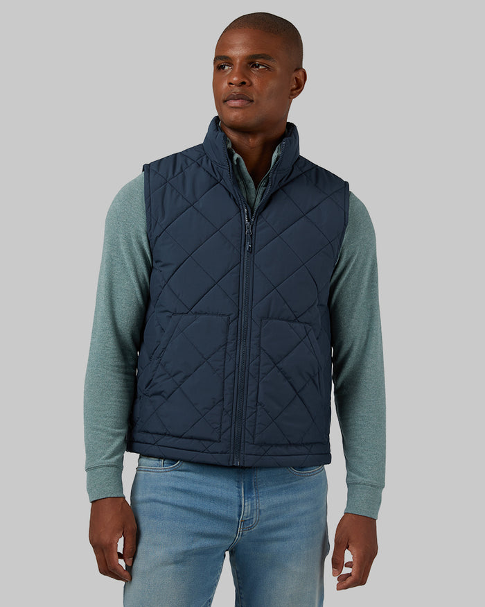 32 Degrees Petro Blue _ Men's Diamond Quilted Vest {model: Isaiah is 6'2", wearing size M}{bottom}{right} {bottom}{right}