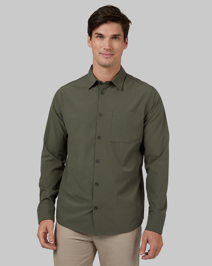 32 Degrees Tea Leaf _ Men's Stretch Woven Long Sleeve Button-Up {model: Bobby is 6'1", wearing size M}{bottom}{right} {bottom}{right}