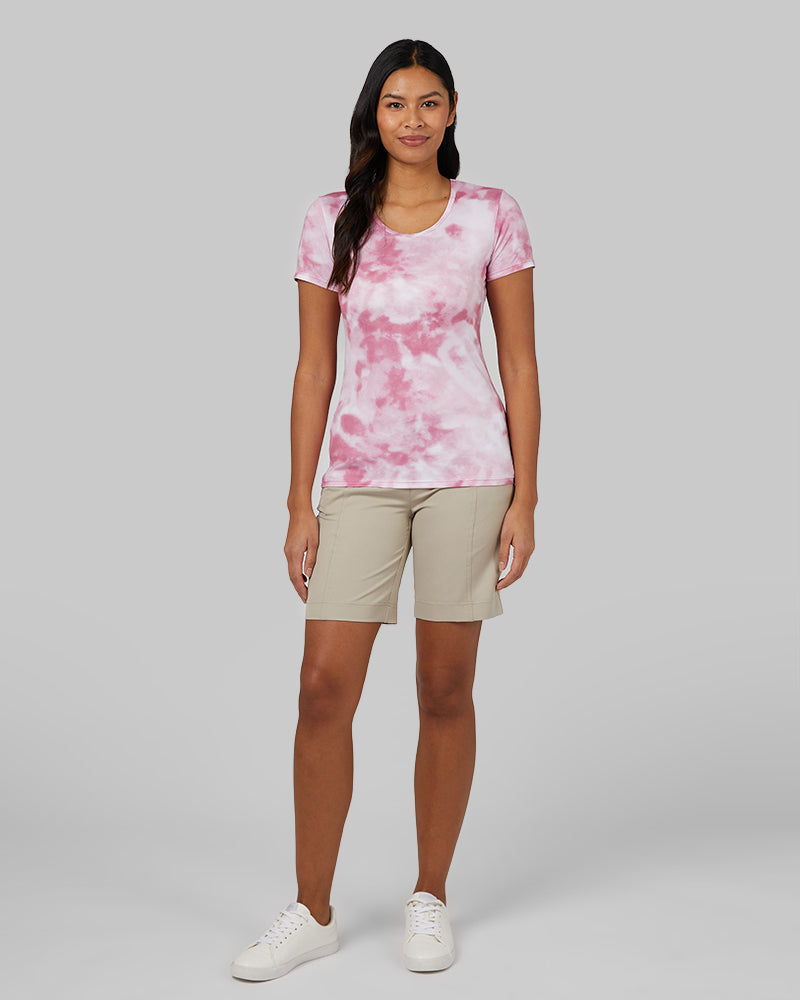 32 Degrees Rose Wine Tie Dye _ Womens Cool Printed Fitted T-Shirt {model: Victoria is 5