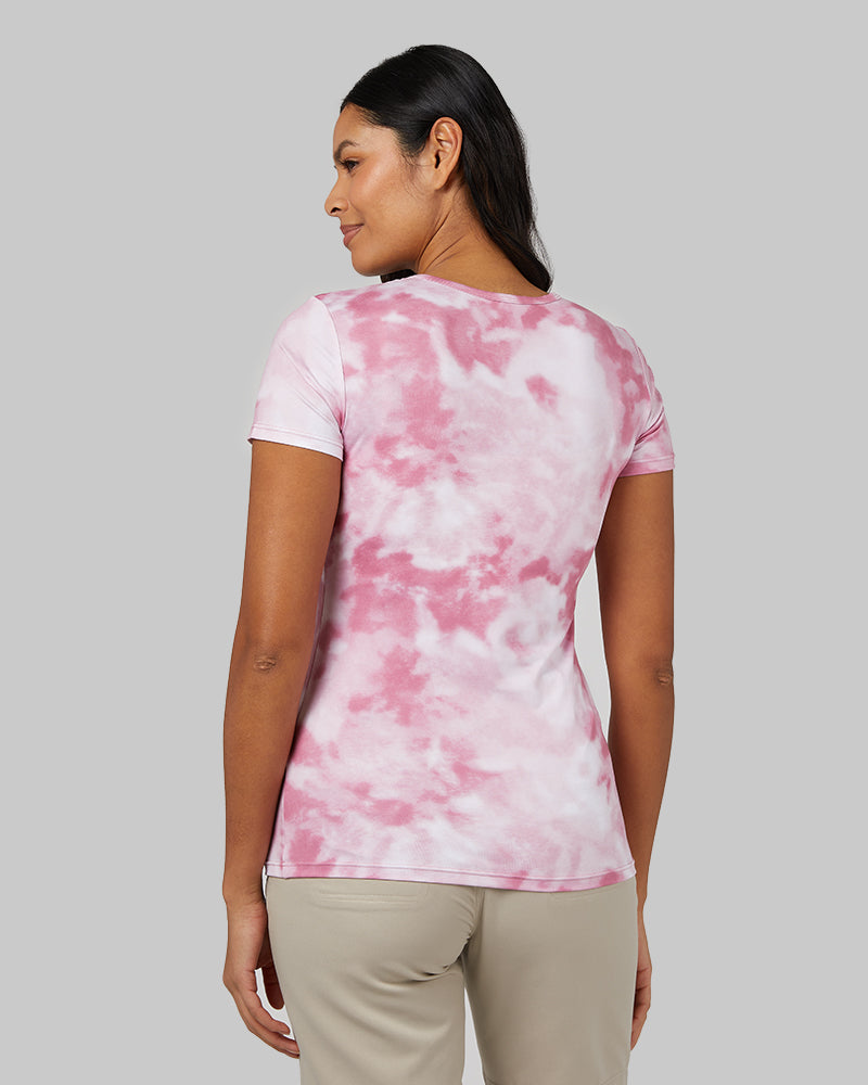 32 Degrees Rose Wine Tie Dye _ Womens Cool Printed Fitted T-Shirt {model: Victoria is 5