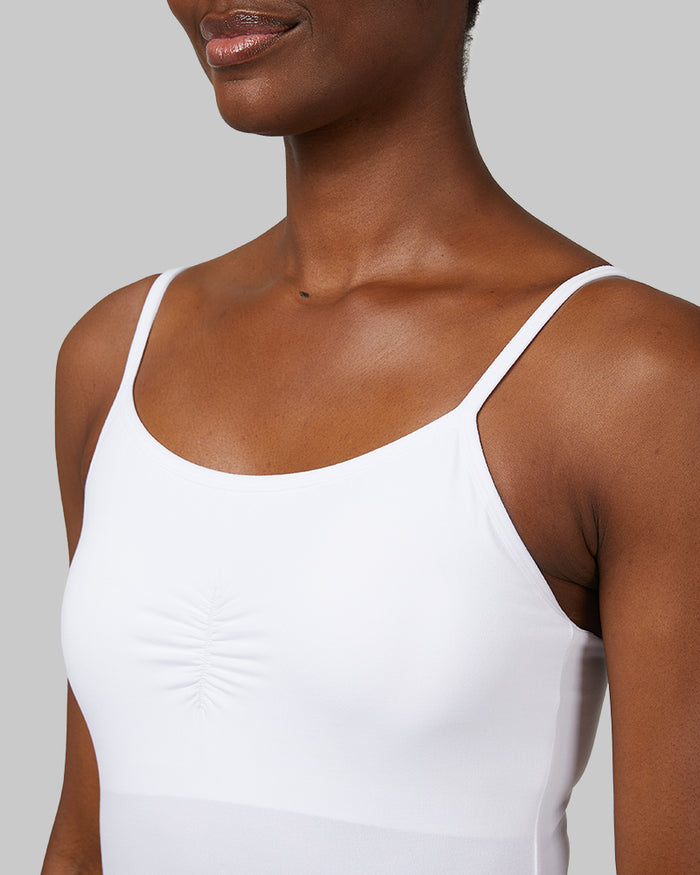 32 Degrees White  _ Women's Cool Ruched Bra Cami {model: Wemi is 5'10" and size 2-4, wearing size S}{bottom}{right} {bottom}{right}
