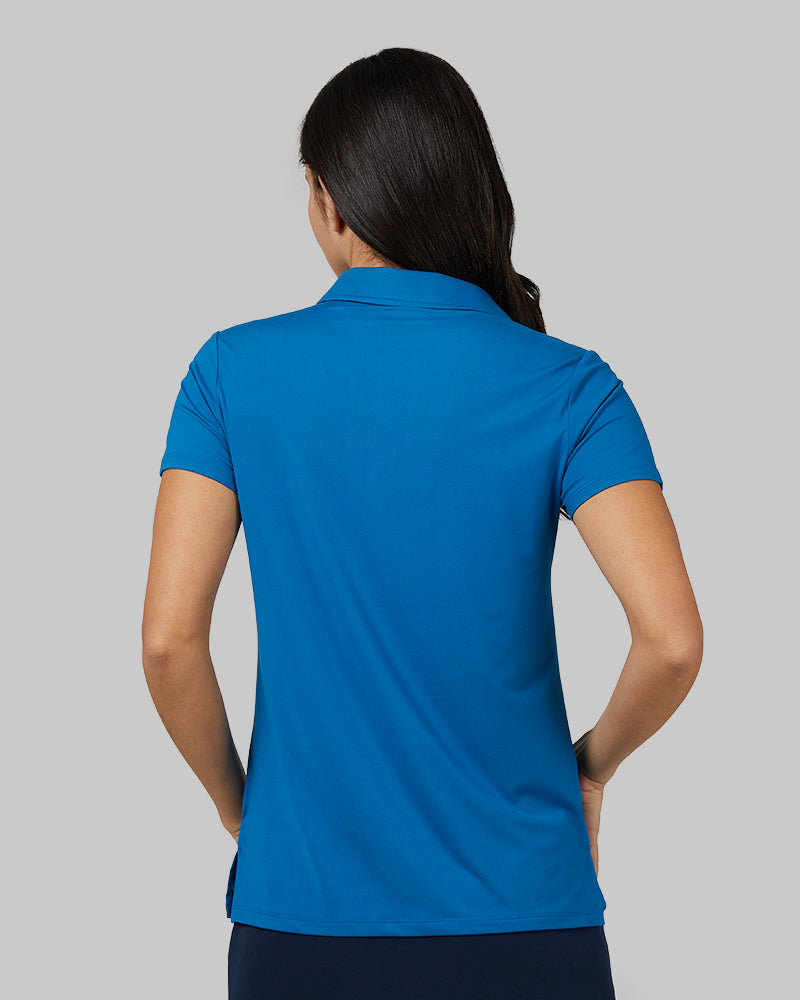 32 Degrees Blue Sapphire _ Womens Cool Fitted Polo {model: Hali is 5