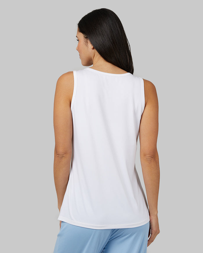 32 Degrees White _ Womens Cool Relaxed Sleep Tank {model: Hali is 5'9" and size 4, wearing size S}{bottom}{right} {bottom}{right}