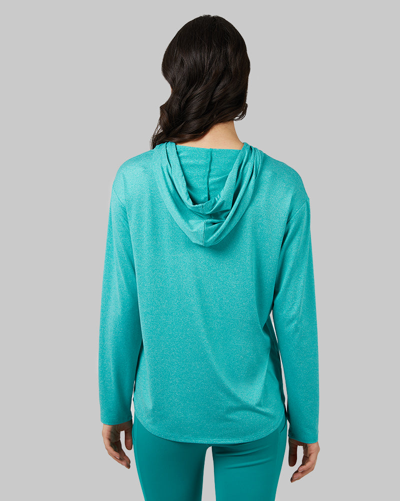 32 Degrees Lapis Heather _ Womens Cool Long Sleeve Hooded T-Shirt {model: Khefri is 5