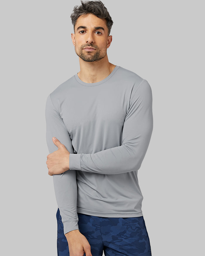 32 Degrees Cool Grey _ Mens Air Mesh Long Sleeve T-Shirt {model: Daniel is 6'2", wearing size M}{bottom}{right} {bottom}{right}