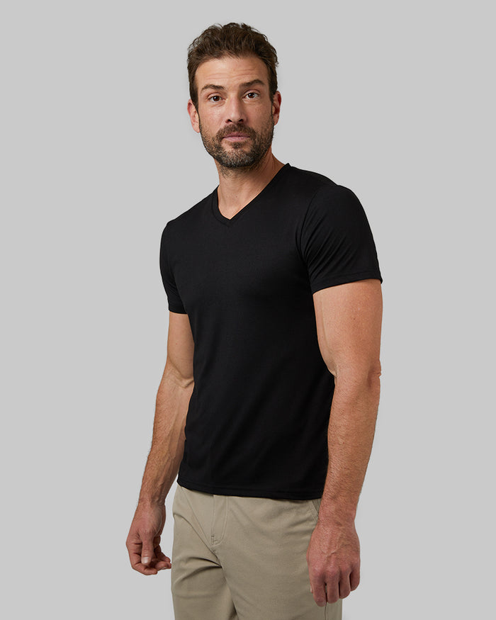 32 Degrees Black _ Men's Cool Classic Vneck T-Shirt {model: Cedric is 6'1.5", wearing size M}{bottom}{right}{bottom}{right}