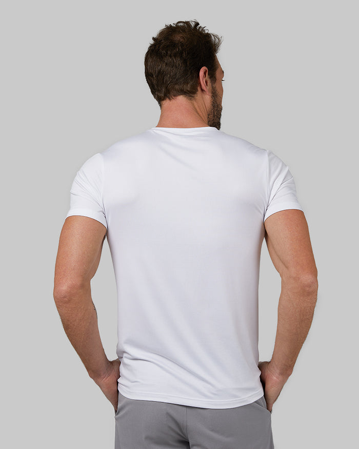 32 Degrees White _ Men's 4PK Cool Crew Neck Tee {model: Cedric is 6'1.5", wearing size M}{bottom}{right}{bottom}{right}