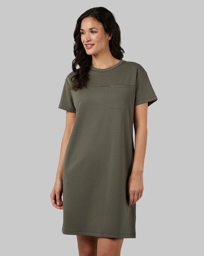 32 Degrees Military Olive _ Women's Luxe Knit Pocket Dress {model: Scarlett is 5'10"and size 4, wearing size S}{bottom}{right} {bottom}{right}