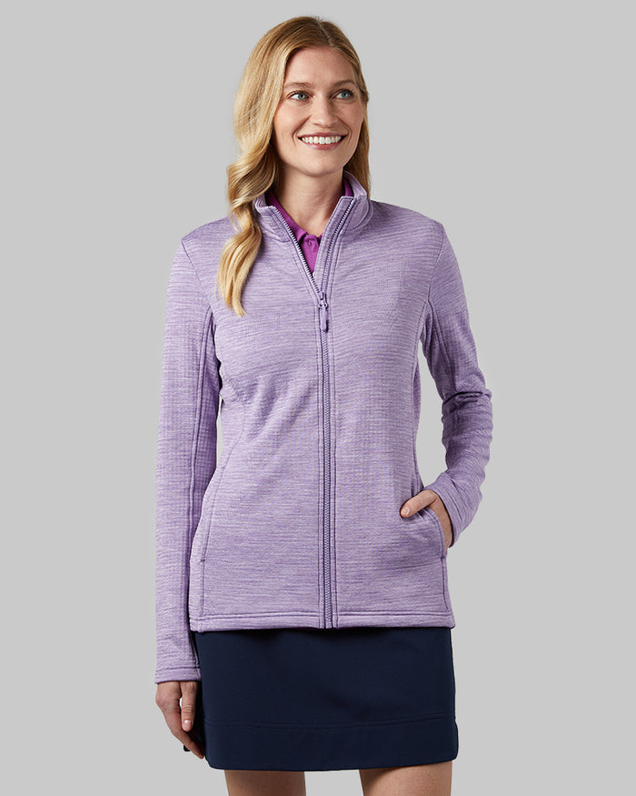 32 Degrees Chalk Violet Space Dye _ Women's Grid Tech Full-Zip {model: Shaina is 5'10"and size 4, wearing size S}{bottom}{right} {bottom}{right}