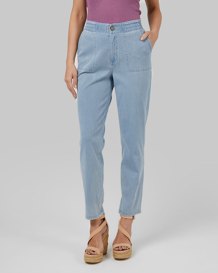 32 Degrees Light Blue _ Women's "sweatpant" Ankle Jean {model: Lara is 5'9"and size 4, wearing size S}{bottom}{right} {bottom}{right}