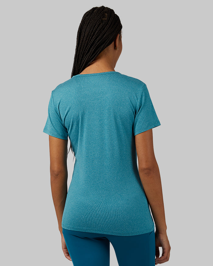 32 Degrees Corsair Heather _ Women's Cool Fitted T-shirt {model: Dido is 5'9"and size 4, wearing size S}{bottom}{right} {bottom}{right}