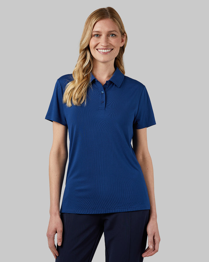 32 Degrees Estate Blue _ Women's Cool Fitted Polo {model: Shaina is 5'10"and size 4, wearing size S}{bottom}{right} {bottom}{right}