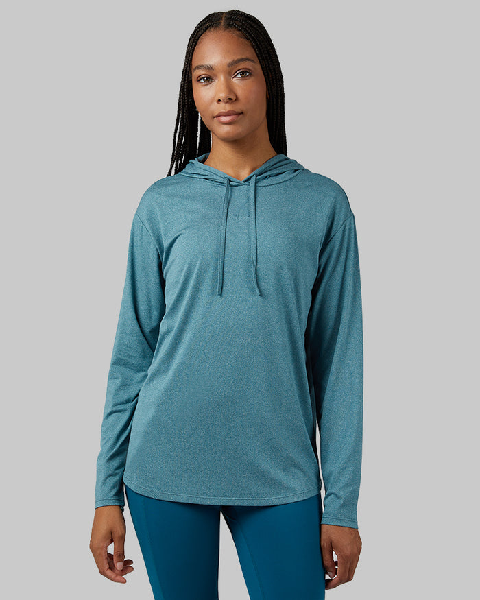 32 Degrees Moroccan Blue Heather _ Women's Cool Long sleeve Hooded T-shirt {model: Dido is 5'9"and size 4, wearing size S}{bottom}{right} {bottom}{right}