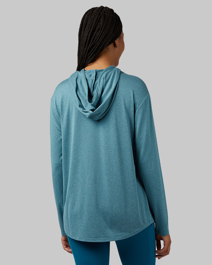 32 Degrees Moroccan Blue Heather _ Women's Cool Long sleeve Hooded T-shirt {model: Dido is 5'9"and size 4, wearing size S}{bottom}{right} {bottom}{right}