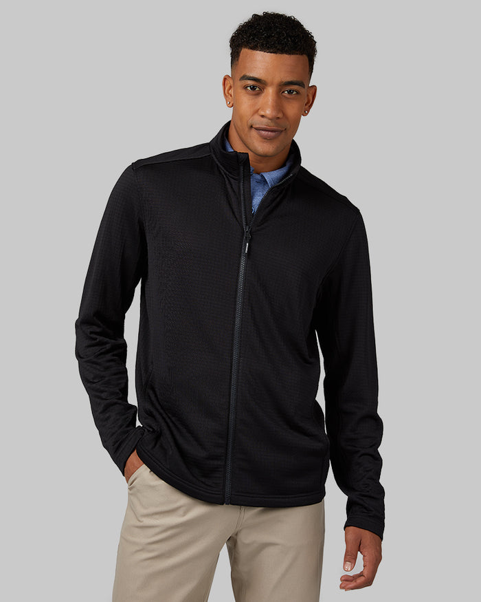 32 Degrees Black _ Men's Grid Tech Full-Zip {model: Anthony is 6'0", wearing size M}{bottom}{right} {bottom}{right}