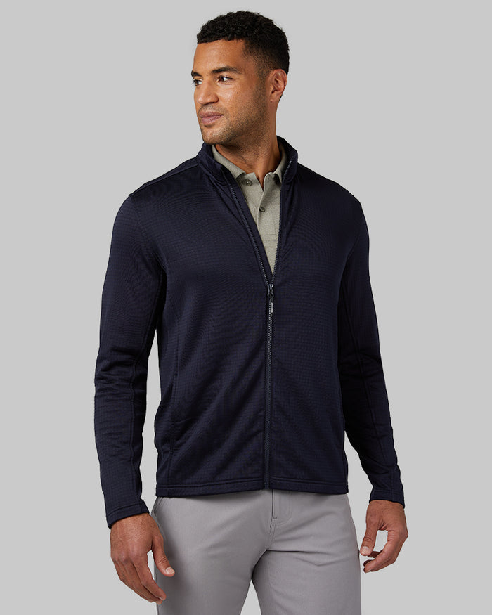 32 Degrees Navy _ Men's Grid Tech Full-Zip {model: Devin is 6'2", wearing size M}{bottom}{right} {bottom}{right}