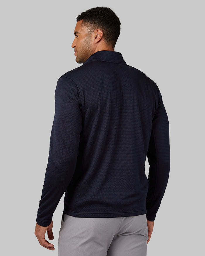 32 Degrees Navy _ Men's Grid Tech Full-Zip {model: Devin is 6'2", wearing size M}{bottom}{right} {bottom}{right}