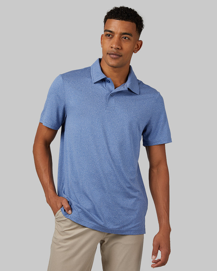 32 Degrees Royal Blue Heather _ Men's Cool Classic Polo {model: Anthony is 6'0", wearing size M}{bottom}{right} {bottom}{right}